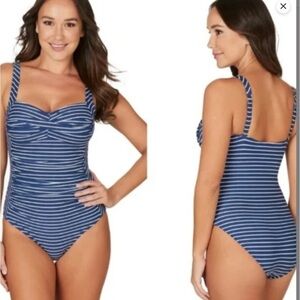 Niptuck Navy Ahoy Foil Joanne Twist Front Tummy Control One Piece swimsuit 10